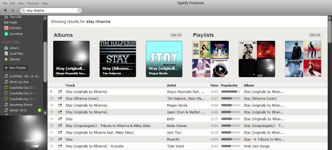 Search results for Rihanna's "Stay" on Spotify